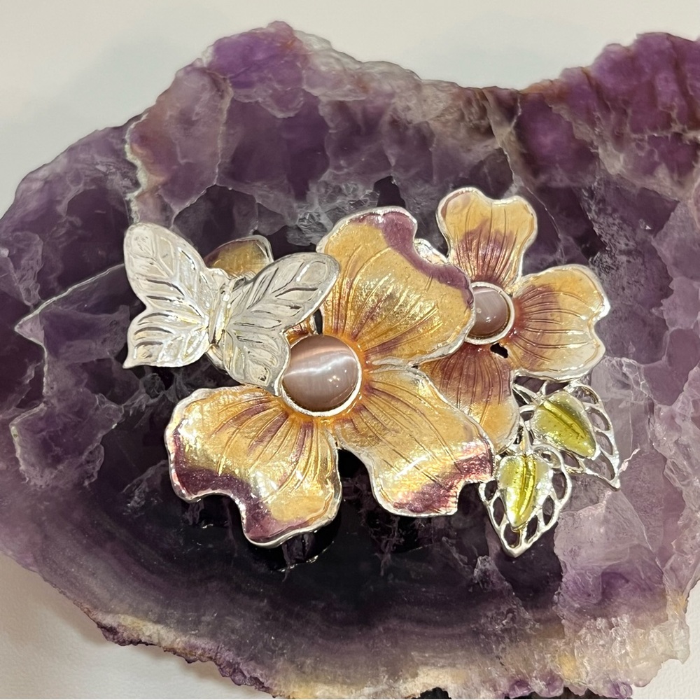 Kenneth Cole Silver and Gold Floral Brooch with Textured Petals & Butterfly